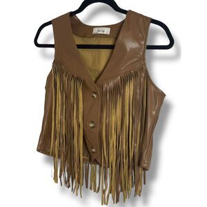 NWT Sadie & Sage Brown Faux Leather Fringe Vest | Western Boho Size Small